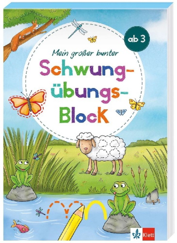 Buchcover und Innenansicht für das Buch: Mein großer bunter Schwungübungs-Block ab 3 Jahren
