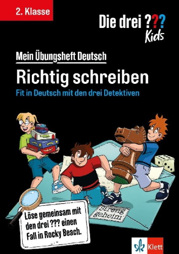 Buchcover und Innenansicht für das Buch: Die drei ??? Kids: Mein Übungsheft Deutsch 2. Klasse - Richtig schreiben