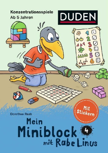 Buchcover und Innenansicht für das Buch: Mein Miniblock mit Rabe Linus - Konzentrationsspiele
