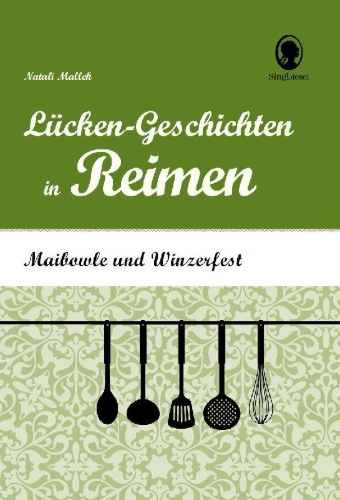 Buchcover und Innenansicht für das Buch: Maibowle und Winzerfest - Lücken-Geschichten in Reimen für Senioren