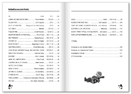 Buchcover und Innenansicht für das Buch: Peter Burschs Songbuch für Gitarre. Ohne Noten