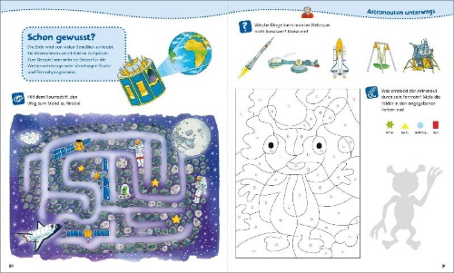 Buchcover und Innenansicht für das Buch: WAS IST WAS Junior Mitmach-Heft Weltraum