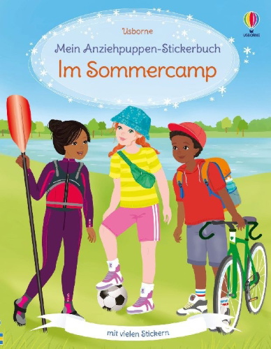Buchcover und Innenansicht für das Buch: Mein Anziehpuppen-Stickerbuch: Im Sommercamp
