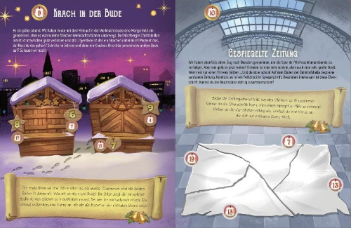 Buchcover und Innenansicht für das Buch: Escape-Stickerbuch - Adventskalender - Das Versteck in den Bergen