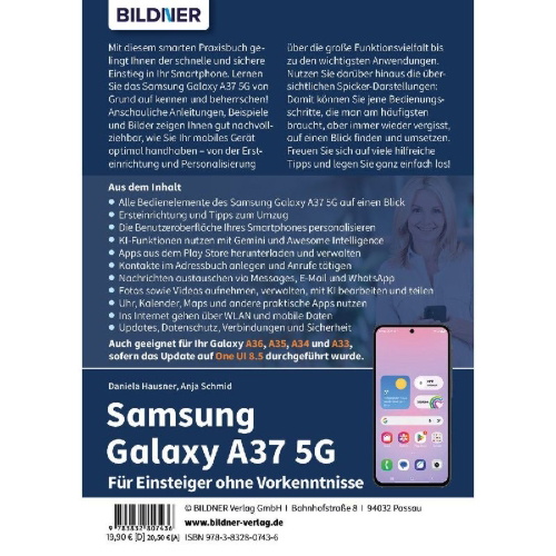 Buchcover und Innenansicht für das Buch: Samsung Galaxy A37 5G - Praxisbuch für Einsteiger ohne Vorkenntnisse