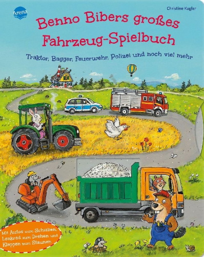 Buchcover und Innenansicht für das Buch: Benno Bibers großes Fahrzeug-Spielbuch. Traktor, Bagger, Feuerwehr, Polizei und noch viel mehr