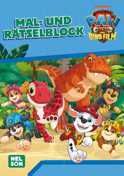 Buchcover und Innenansicht für das Buch: PAW Patrol Kindergartenheft: PAW Patrol - Der Dinofilm: Mal- und Rätselblock