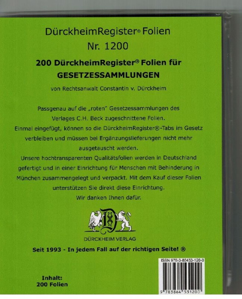 Buchcover und Innenansicht für das Buch: 200 DürckheimRegister®-FOLIEN für STEUERGESETZE, SCHÖNFELDER u.a; zum Einheften und Unterteilen der roten Gesetzessammlungen