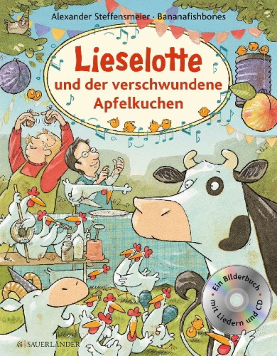 Buchcover und Innenansicht für das Buch: Lieselotte und der verschwundene Apfelkuchen. Buch mit CD