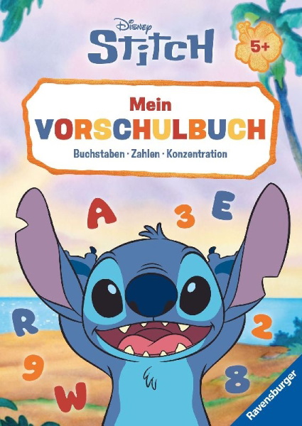 Buchcover und Innenansicht für das Buch: Disney Stitch - Mein Vorschulbuch: Buchstaben, Zahlen, Konzentration