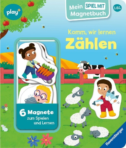 Buchcover und Innenansicht für das Buch: Play+ Mein Spiel mit-Magnetbuch Komm, wir lernen Zählen - ab 18 Monate