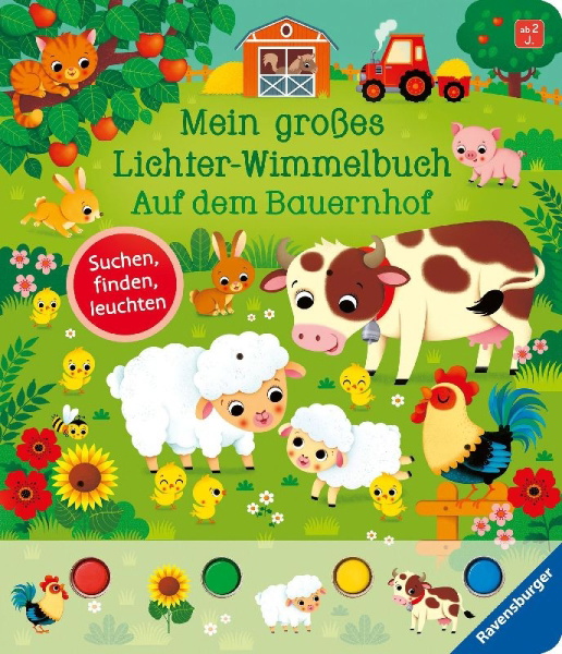 Buchcover und Innenansicht für das Buch: Mein großes Lichter-Wimmelbuch: Auf dem Bauernhof