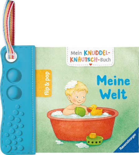 Buchcover und Innenansicht für das Buch: Mein Knuddel-Knautsch-Buch: flip&pop. Meine Welt (mit Pop-it Beißleiste); weiches Stoffbuch, waschbares Badebuch, Babyspielzug ab 0 Monate, Sensorik Spielzeug aus Silikon
