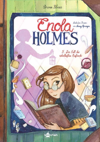 Buchcover und Innenansicht für das Buch: Enola Holmes (Comic). Band 5