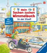 Buchcover und Innenansicht für das Buch: Mein Sachen suchen Wimmelbuch: In der Stadt