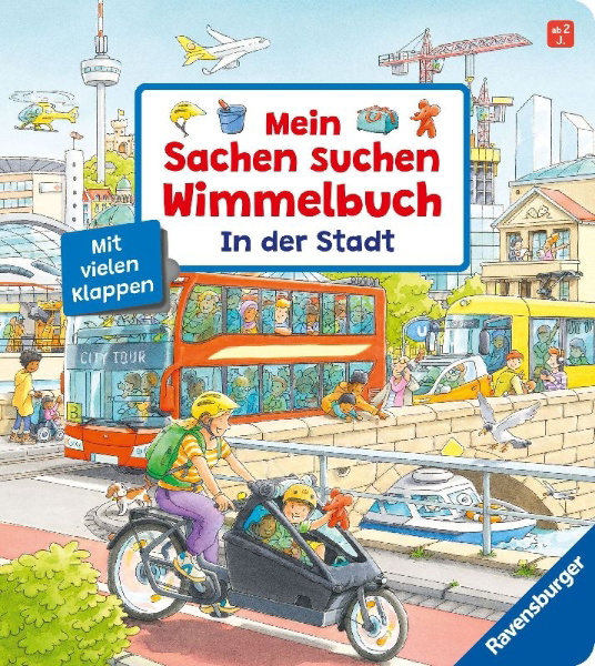Buchcover und Innenansicht für das Buch: Mein Sachen suchen Wimmelbuch: In der Stadt