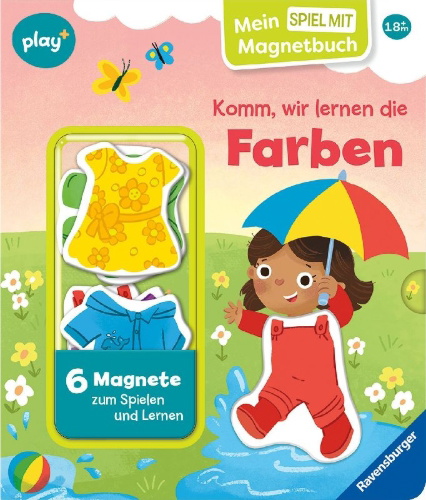 Buchcover und Innenansicht für das Buch: Play+ Mein Spiel mit-Magnetbuch Komm, wir lernen die Farben - ab 18 Monate