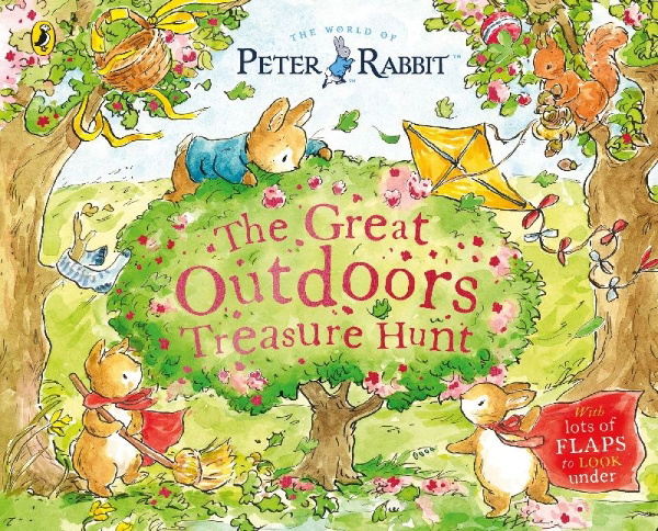 Buchcover und Innenansicht für das Buch: Peter Rabbit: The Great Outdoors Treasure Hunt