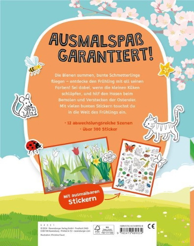 Buchcover und Innenansicht für das Buch: Mein Ausmalstickerbuch - Frühling