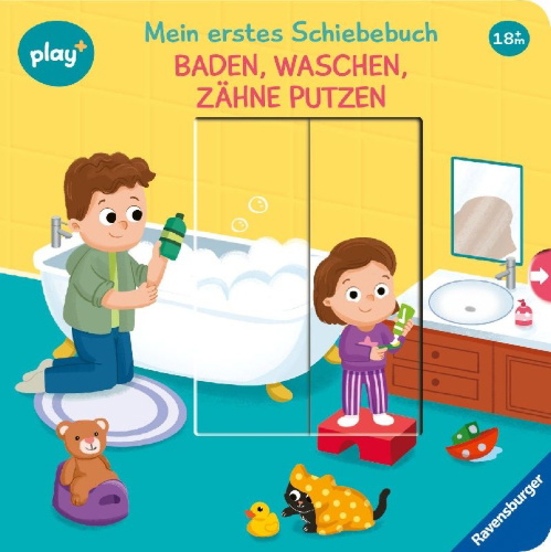 Buchcover und Innenansicht für das Buch: Play+ Mein erstes Schiebebuch Baden, waschen, Zähne putzen - ab 18 Monate