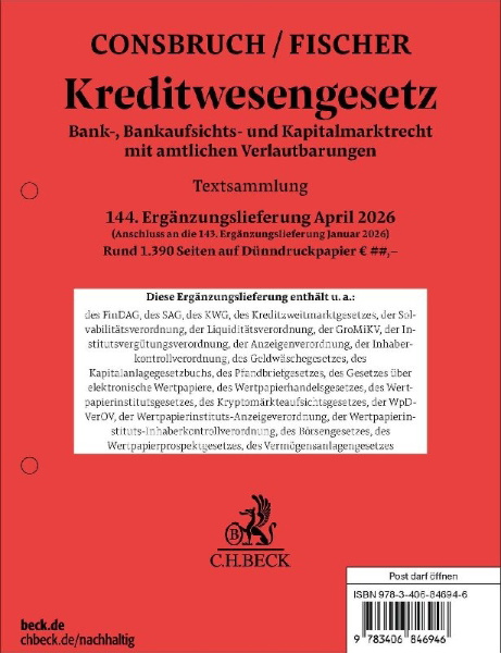 Buchcover und Innenansicht für das Buch: Kreditwesengesetz  144. Ergänzungslieferung