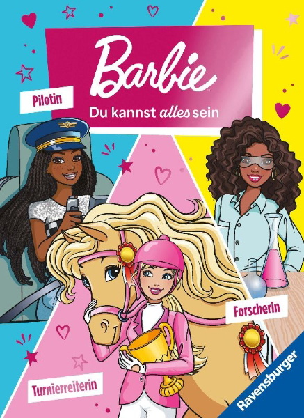 Buchcover und Innenansicht für das Buch: Barbie - Du kannst alles sein! Barbie als Turnierreiterin, Forscherin und Pilotin. Drei Geschichten zum Vorlesen
