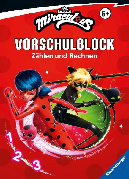 Buchcover und Innenansicht für das Buch: Miraculous - Mein Vorschulblock Zählen und Rechnen