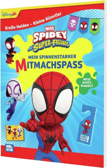 Buchcover und Innenansicht für das Buch: Große Helden - Kleine Künstler: Spidey und seine Super-Freunde: Mein spinnenstarker Mitmachspaß