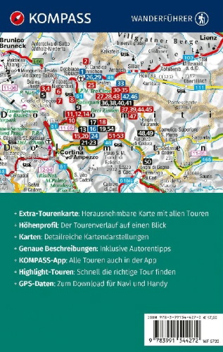 Buchcover und Innenansicht für das Buch: KOMPASS Wanderführer Sextner Dolomiten, Naturpark Drei Zinnen - Herausragende Dolomiten, 50 Touren mit Extra-Tourenkarte