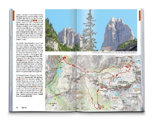 Buchcover und Innenansicht für das Buch: KOMPASS Wanderführer Sextner Dolomiten, Naturpark Drei Zinnen - Herausragende Dolomiten, 50 Touren mit Extra-Tourenkarte