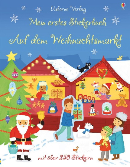 Buchcover und Innenansicht für das Buch: Mein erstes Stickerbuch: Auf dem Weihnachtsmarkt