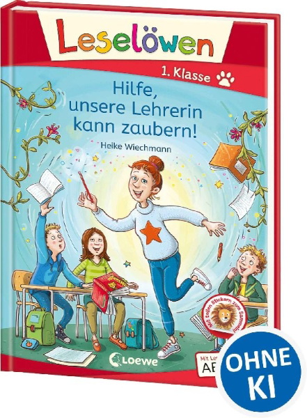 Buchcover und Innenansicht für das Buch: Leselöwen 1. Klasse - Hilfe, unsere Lehrerin kann zaubern!