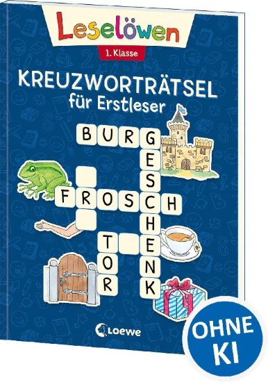 Buchcover und Innenansicht für das Buch: Leselöwen Kreuzworträtsel für Erstleser - 1. Klasse (Marineblau)