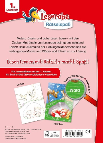 Buchcover und Innenansicht für das Buch: Leserabe Rätselspaß - Zauber-Malrätsel zum Lesenlernen: Im Wald (1. Lesestufe)
