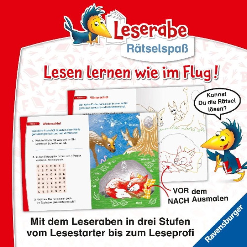 Buchcover und Innenansicht für das Buch: Leserabe Rätselspaß - Zauber-Malrätsel zum Lesenlernen: Im Wald (1. Lesestufe)