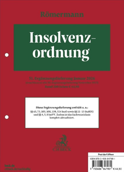 Buchcover und Innenansicht für das Buch: Insolvenzordnung (InsO) / Insolvenzrecht (InsR)  51. Ergänzungslieferung