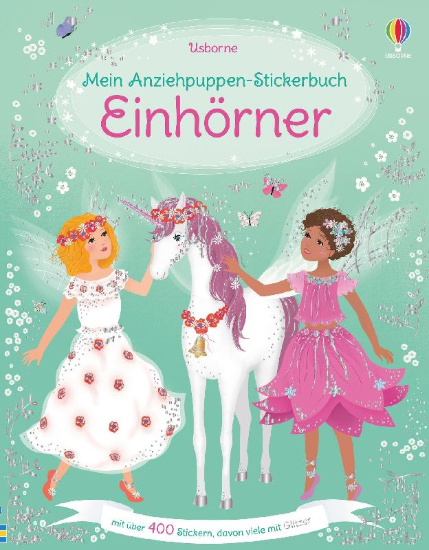 Buchcover und Innenansicht für das Buch: Mein Anziehpuppen-Stickerbuch: Einhörner