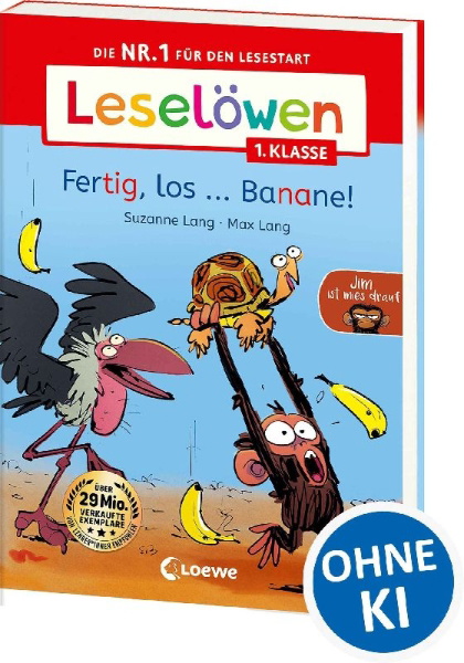Buchcover und Innenansicht für das Buch: Leselöwen 1. Klasse - Jim ist mies drauf - Fertig, los...Banane!