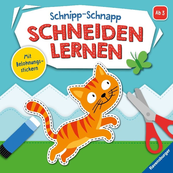 Buchcover und Innenansicht für das Buch: Ravensburger Schnipp-Schnapp Schneiden lernen - Schneiden und Kleben ab 3 Jahren - Block mit Belohnungsstickern und Profi-Urkunde - Perforierte Seiten