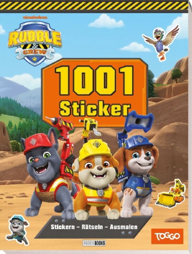 Buchcover und Innenansicht für das Buch: Rubble & Crew: 1001 Sticker: Stickern - Rätseln - Ausmalen