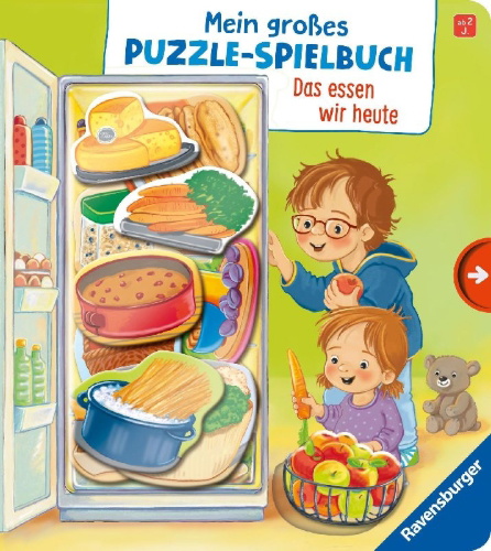 Buchcover und Innenansicht für das Buch: Mein großes Puzzle-Spielbuch - Das essen wir heute