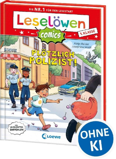 Buchcover und Innenansicht für das Buch: Leselöwen Comics 1. Klasse - Plötzlich Polizist!