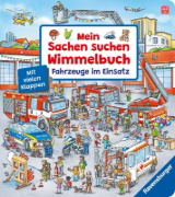 Buchcover und Innenansicht für das Buch: Mein Sachen suchen Wimmelbuch: Fahrzeuge im Einsatz