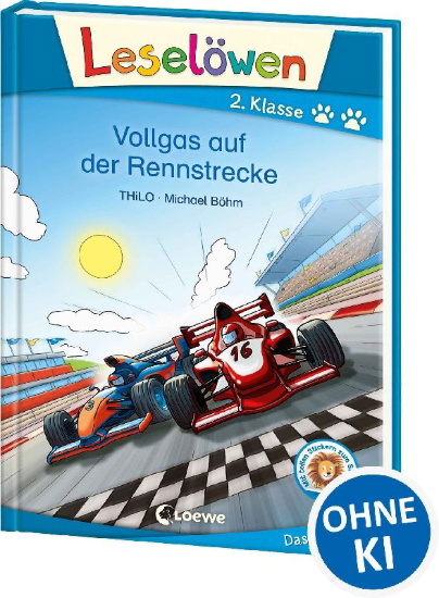 Buchcover und Innenansicht für das Buch: Leselöwen 2. Klasse - Vollgas auf der Rennstrecke