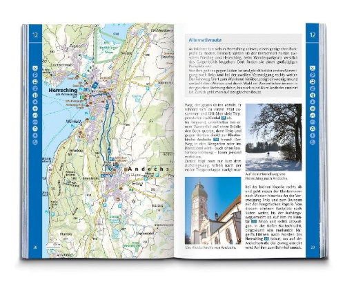 Buchcover und Innenansicht für das Buch: KOMPASS Wanderführer Pfaffenwinkel, Fünfseenland, Starnberger See, Ammersee, 60 Touren mit Extra-Tourenkarte