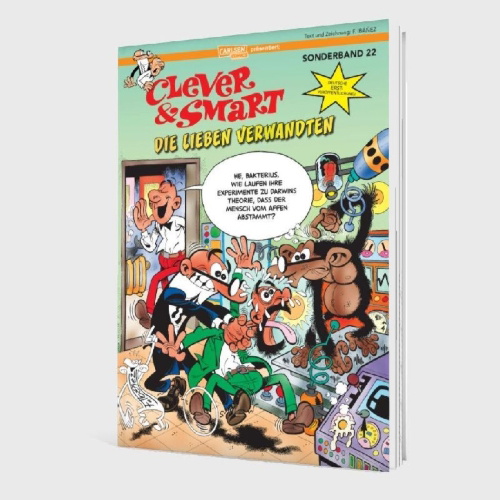 Buchcover und Innenansicht für das Buch: Mortadelo y Filemón. Nuestro antepasado, el mico