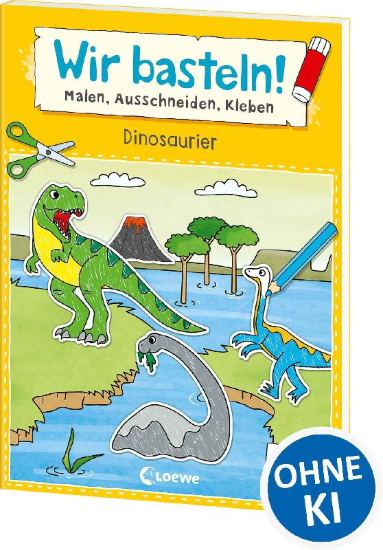 Buchcover und Innenansicht für das Buch: Wir basteln! ab 5 Jahren - Malen, Ausschneiden, Kleben - Dinosaurier