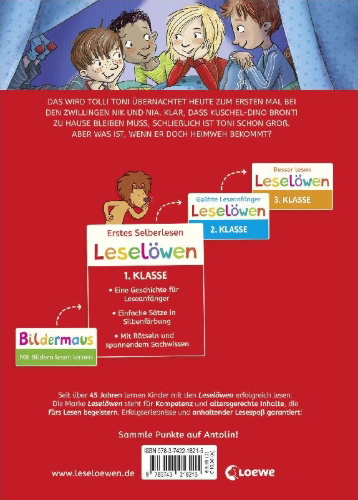 Buchcover und Innenansicht für das Buch: Leselöwen 1. Klasse - Toni übernachtet woanders (Großbuchstabenausgabe)