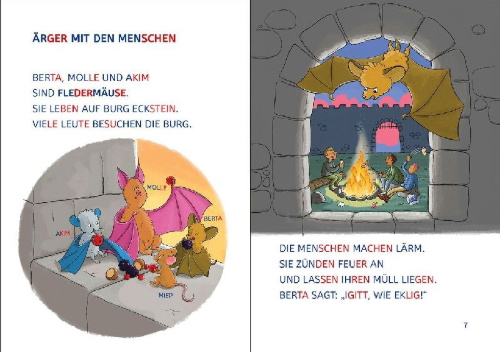 Buchcover und Innenansicht für das Buch: Leselöwen 1. Klasse - Fledermaus im Anflug (Großbuchstabenausgabe)