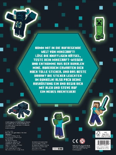 Buchcover und Innenansicht für das Buch: Minecraft: Der große Glow-in-the-Dark Stickerspaß: Stickern - Rätseln - Ausmalen